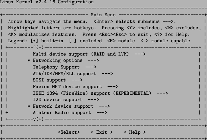 \begin{figure}\centering\begin{verbatim}Linux Kernel v2.4.16 Configuration
-...
...-----------------------------------------------------+\end{verbatim}\end{figure}